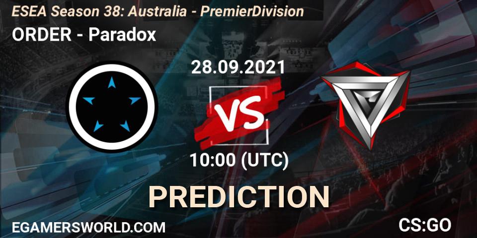 ORDER vs Paradox: Betting TIp, Match Prediction. 13.10.2021 at 09:00. Counter-Strike (CS2), ESEA Season 38: Australia - Premier Division