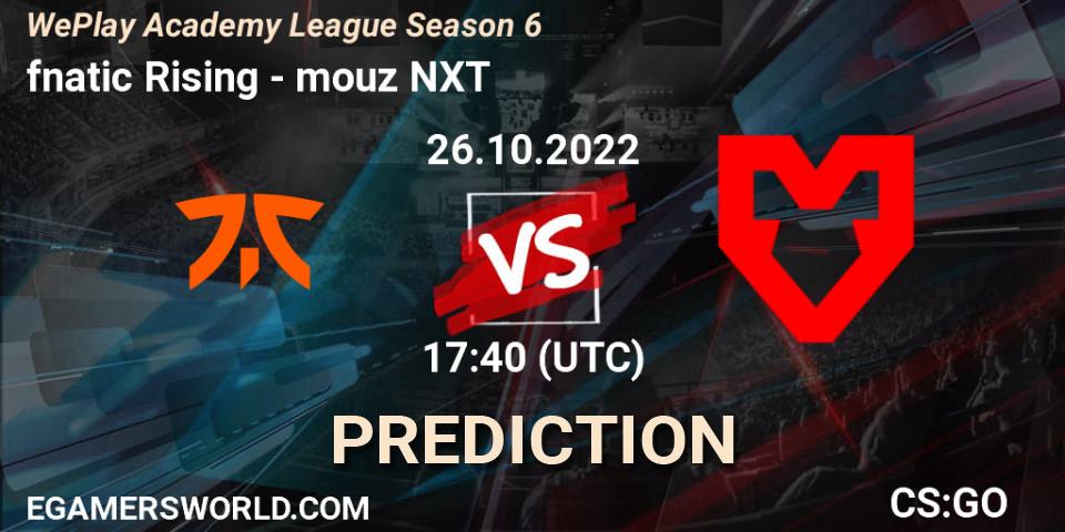 fnatic Rising vs mouz NXT: Betting TIp, Match Prediction. 26.10.2022 at 18:30. Counter-Strike (CS2), WePlay Academy League Season 6