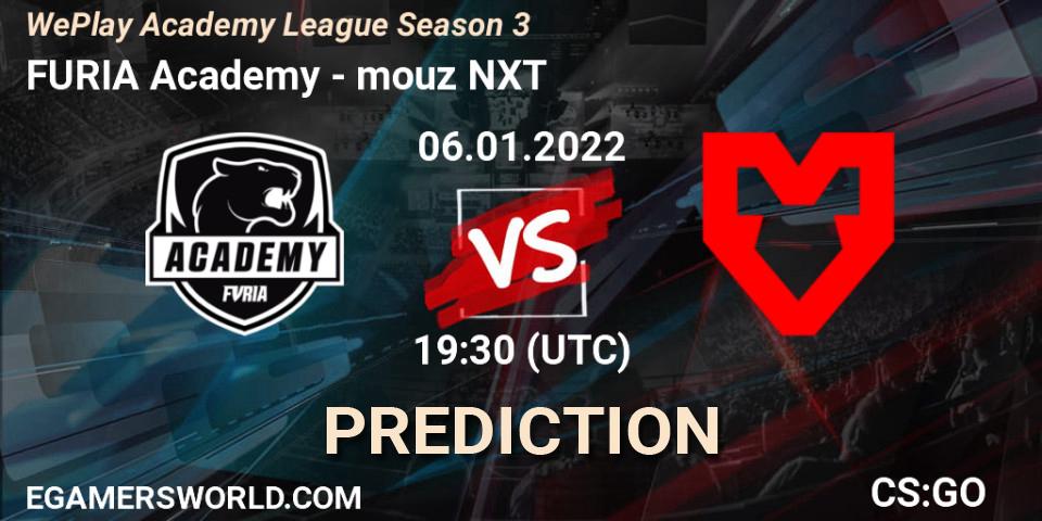 FURIA Academy vs mouz NXT: Betting TIp, Match Prediction. 06.01.2022 at 19:30. Counter-Strike (CS2), WePlay Academy League Season 3