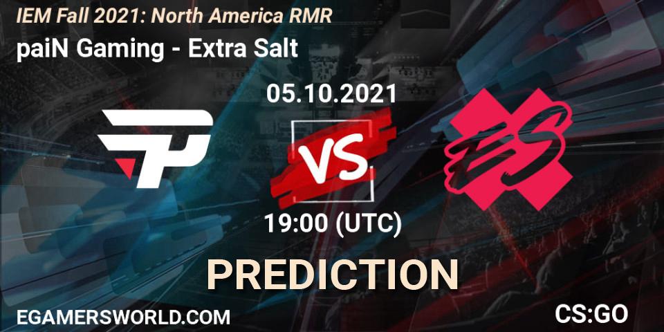 paiN Gaming vs Extra Salt: Betting TIp, Match Prediction. 05.10.2021 at 19:00. Counter-Strike (CS2), IEM Fall 2021: North America RMR