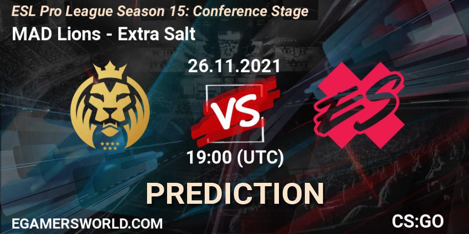 MAD Lions vs Extra Salt: Betting TIp, Match Prediction. 26.11.2021 at 20:25. Counter-Strike (CS2), ESL Pro League Season 15: Conference Stage