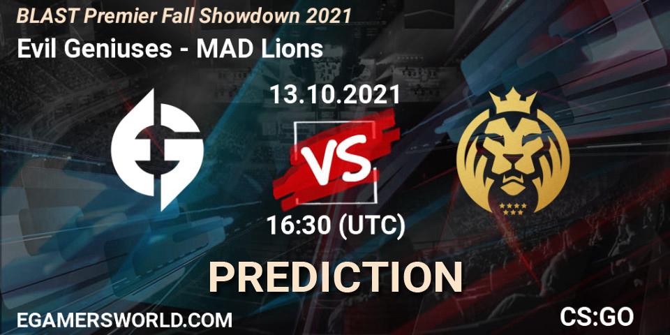 Evil Geniuses vs MAD Lions: Betting TIp, Match Prediction. 15.10.2021 at 10:30. Counter-Strike (CS2), BLAST Premier Fall Showdown 2021