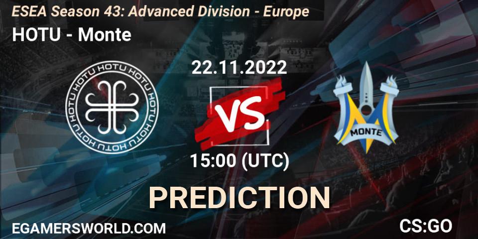 HOTU vs Monte: Betting TIp, Match Prediction. 22.11.2022 at 15:00. Counter-Strike (CS2), ESEA Season 43: Advanced Division - Europe