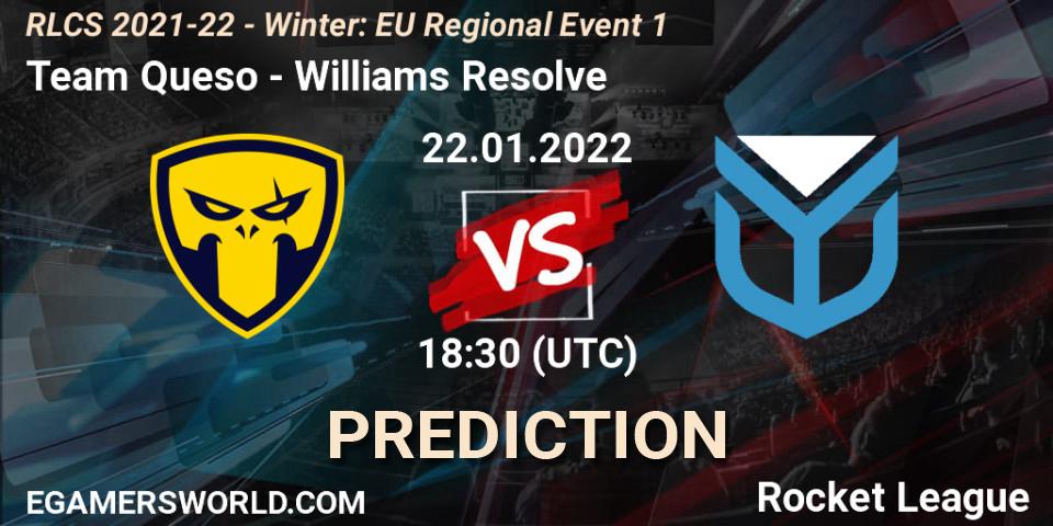 Team Queso vs Williams Resolve: Betting TIp, Match Prediction. 22.01.2022 at 17:20. Rocket League, RLCS 2021-22 - Winter: EU Regional Event 1