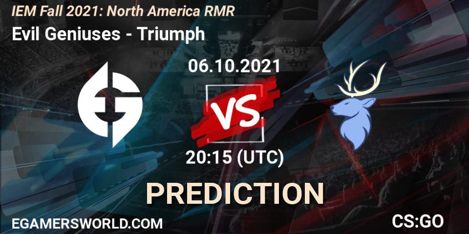 Evil Geniuses vs Triumph: Betting TIp, Match Prediction. 06.10.2021 at 21:30. Counter-Strike (CS2), IEM Fall 2021: North America RMR