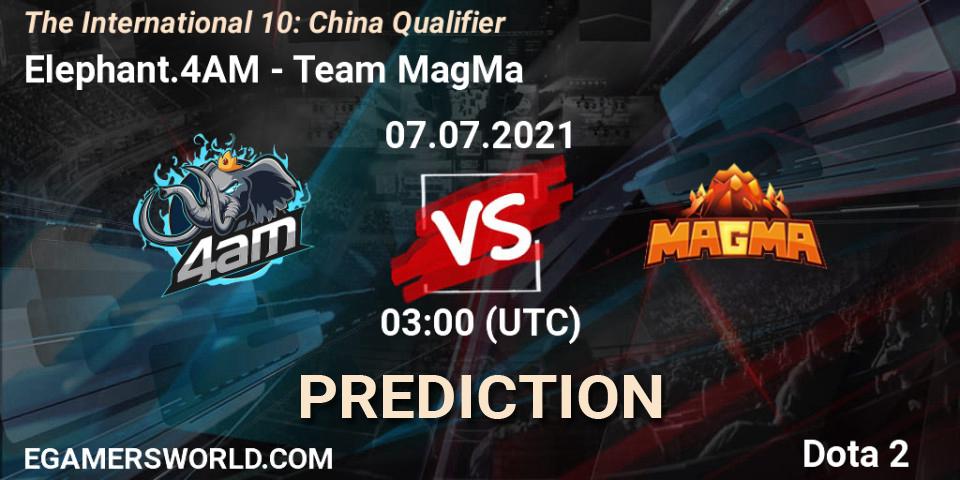 Elephant.4AM vs Team MagMa: Betting TIp, Match Prediction. 07.07.2021 at 03:19. Dota 2, The International 10: China Qualifier