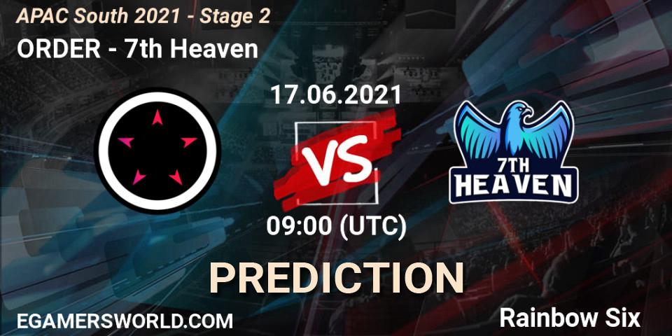 ORDER vs 7th Heaven: Betting TIp, Match Prediction. 17.06.2021 at 09:00. Rainbow Six, APAC South 2021 - Stage 2