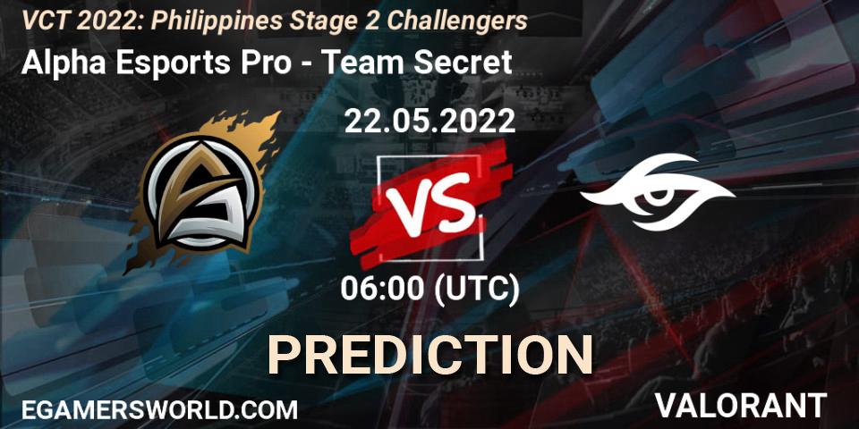 Alpha Esports Pro vs Team Secret: Betting TIp, Match Prediction. 22.05.2022 at 07:00. VALORANT, VCT 2022: Philippines Stage 2 Challengers