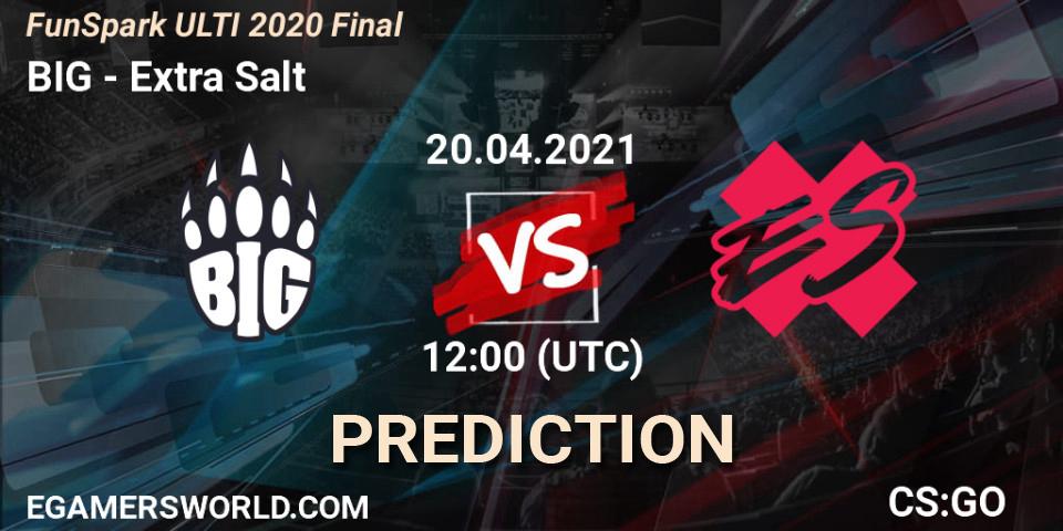 BIG vs Extra Salt: Betting TIp, Match Prediction. 20.04.2021 at 12:00. Counter-Strike (CS2), Funspark ULTI 2020 Finals