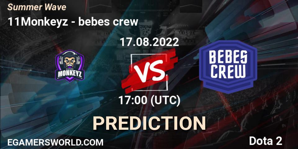 11Monkeyz vs bebes crew: Betting TIp, Match Prediction. 17.08.2022 at 17:07. Dota 2, Summer Wave