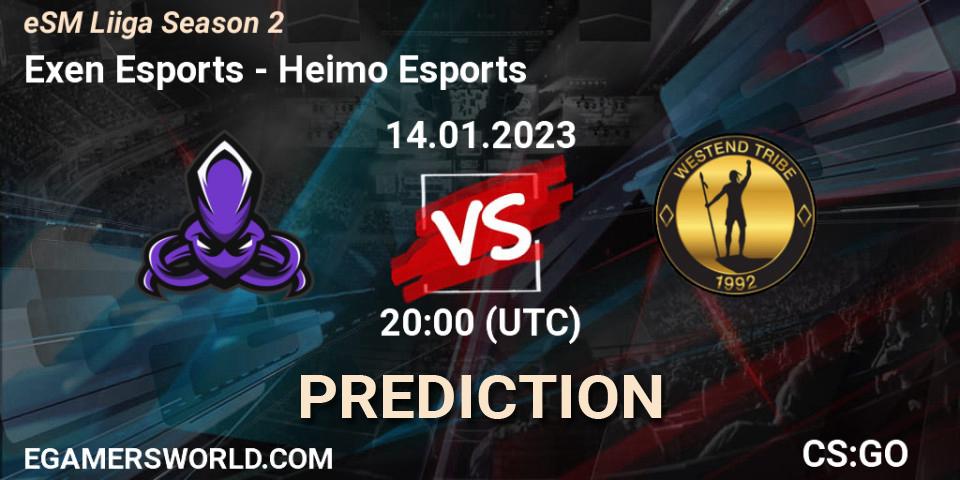 Exen Esports vs Heimo Esports: Betting TIp, Match Prediction. 14.01.2023 at 16:00. Counter-Strike (CS2), eSM League Season 2