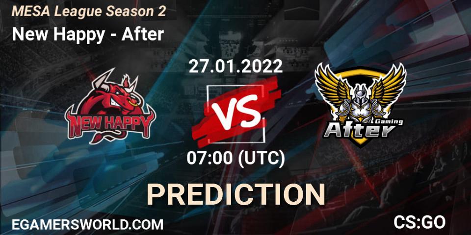 New Happy vs After: Betting TIp, Match Prediction. 27.01.2022 at 07:00. Counter-Strike (CS2), MESA League Season 2