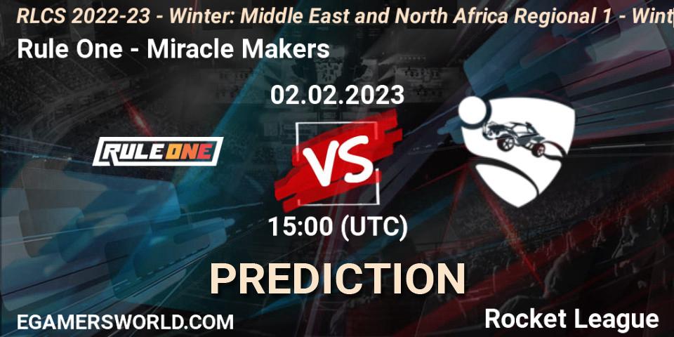 Rule One vs Miracle Makers: Betting TIp, Match Prediction. 02.02.2023 at 15:00. Rocket League, RLCS 2022-23 - Winter: Middle East and North Africa Regional 1 - Winter Open