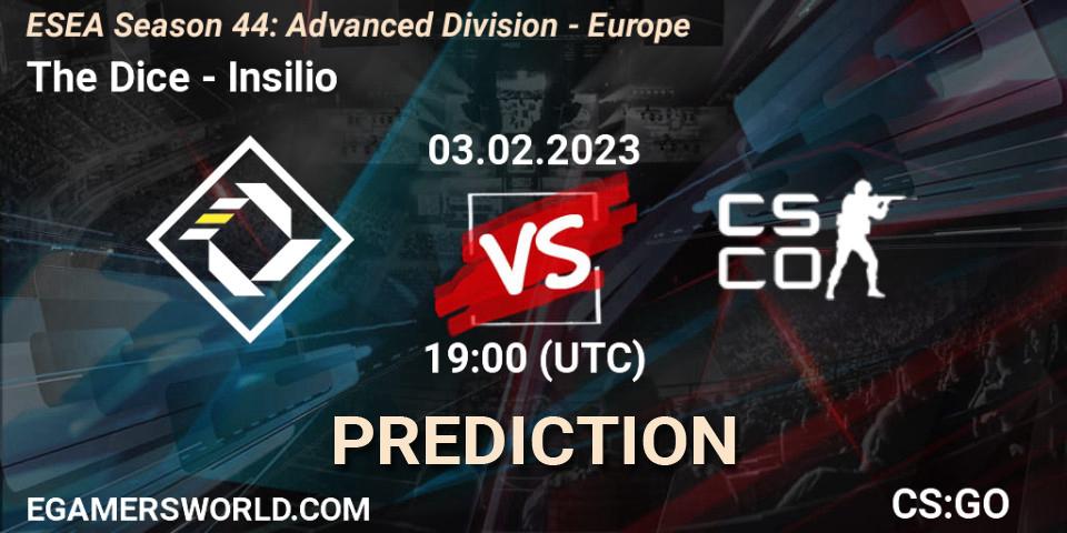 The Dice vs Insilio: Betting TIp, Match Prediction. 03.02.23. CS2 (CS:GO), ESEA Season 44: Advanced Division - Europe