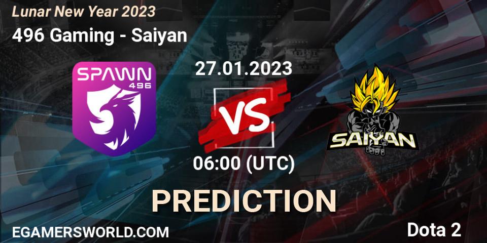 496 Gaming vs Saiyan: Betting TIp, Match Prediction. 27.01.2023 at 06:00. Dota 2, Lunar New Year 2023