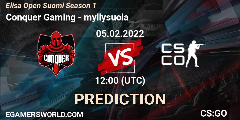 Conquer vs myllysuola: Betting TIp, Match Prediction. 05.02.2022 at 12:00. Counter-Strike (CS2), Elisa Open Suomi Season 1