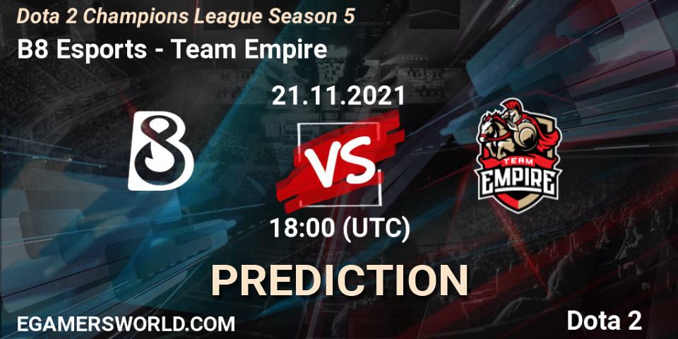 B8 Esports vs Team Empire: Betting TIp, Match Prediction. 21.11.2021 at 18:01. Dota 2, Dota 2 Champions League 2021 Season 5