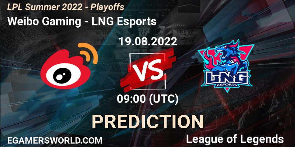 Weibo Gaming vs LNG Esports: Betting TIp, Match Prediction. 19.08.2022 at 09:00. LoL, LPL Summer 2022 - Playoffs