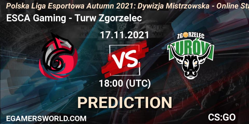 ESCA Gaming vs Turów Zgorzelec: Betting TIp, Match Prediction. 17.11.2021 at 18:00. Counter-Strike (CS2), Polska Liga Esportowa Autumn 2021: Dywizja Mistrzowska - Online Stage