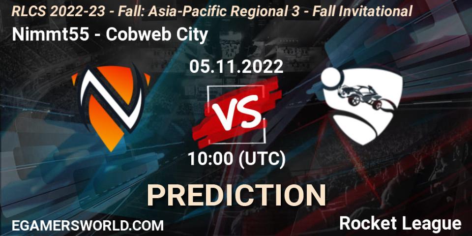 Nimmt55 vs Cobweb City: Betting TIp, Match Prediction. 05.11.2022 at 10:00. Rocket League, RLCS 2022-23 - Fall: Asia-Pacific Regional 3 - Fall Invitational