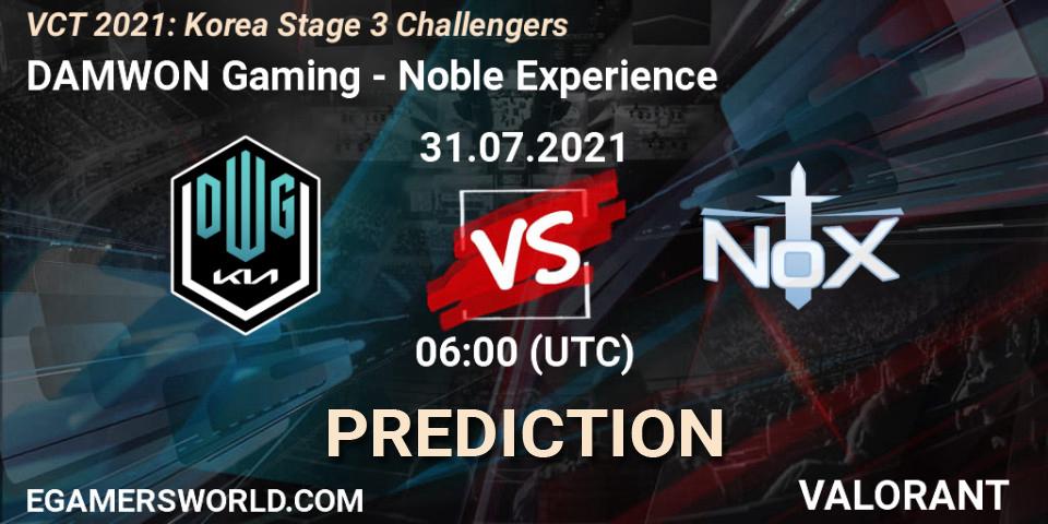 DAMWON Gaming vs Noble Experience: Betting TIp, Match Prediction. 31.07.2021 at 06:00. VALORANT, VCT 2021: Korea Stage 3 Challengers