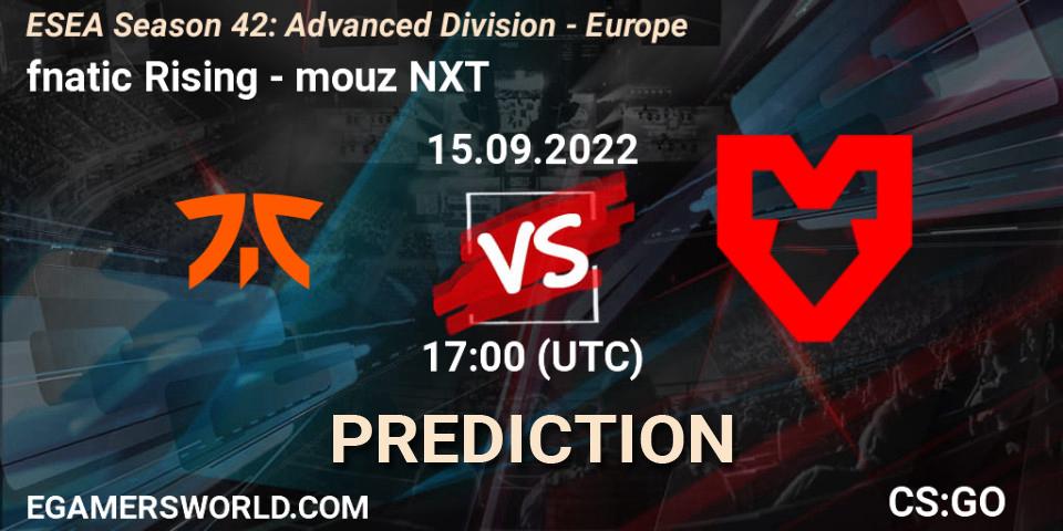 fnatic Rising vs mouz NXT: Betting TIp, Match Prediction. 15.09.2022 at 17:00. Counter-Strike (CS2), ESEA Season 42: Advanced Division - Europe