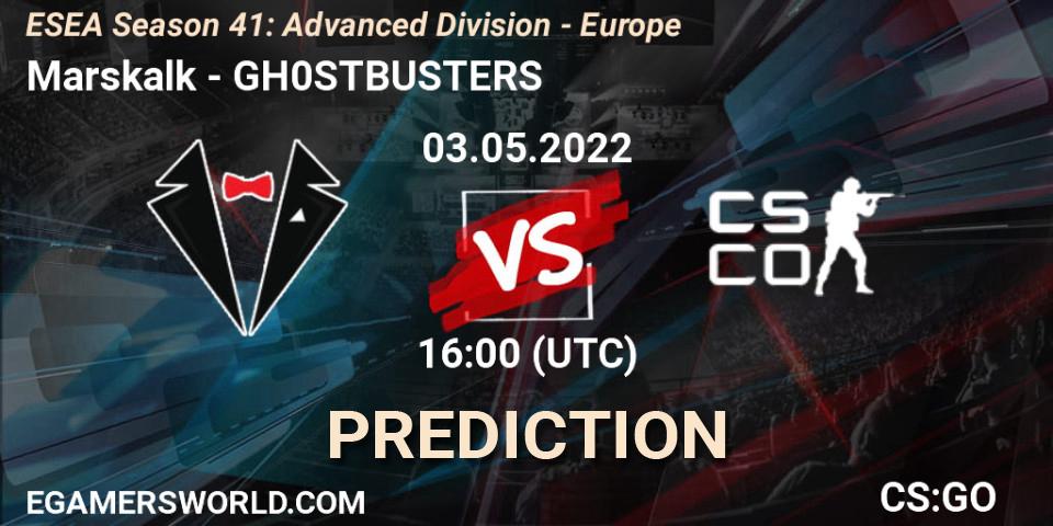 Marskalk vs GH0STBUSTERS: Betting TIp, Match Prediction. 03.05.2022 at 16:00. Counter-Strike (CS2), ESEA Season 41: Advanced Division - Europe
