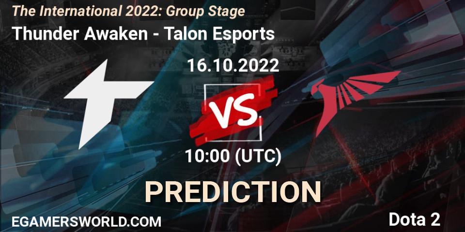 Thunder Awaken vs Talon Esports: Betting TIp, Match Prediction. 16.10.2022 at 11:05. Dota 2, The International 2022: Group Stage