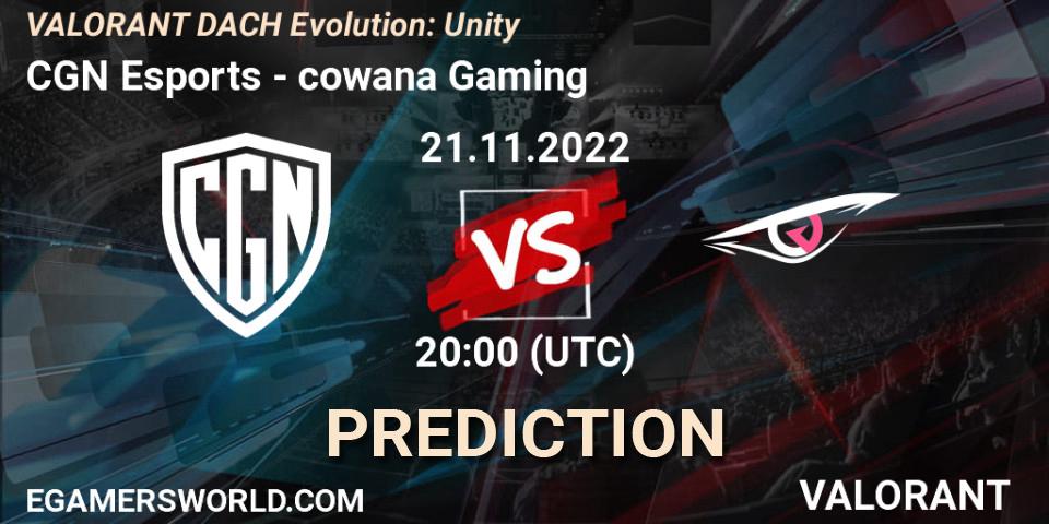 CGN Esports vs cowana Gaming: Betting TIp, Match Prediction. 21.11.2022 at 20:00. VALORANT, VALORANT DACH Evolution: Unity
