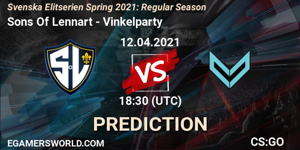 Sons Of Lennart vs Vinkelparty: Betting TIp, Match Prediction. 12.04.2021 at 18:30. Counter-Strike (CS2), Svenska Elitserien Spring 2021: Regular Season