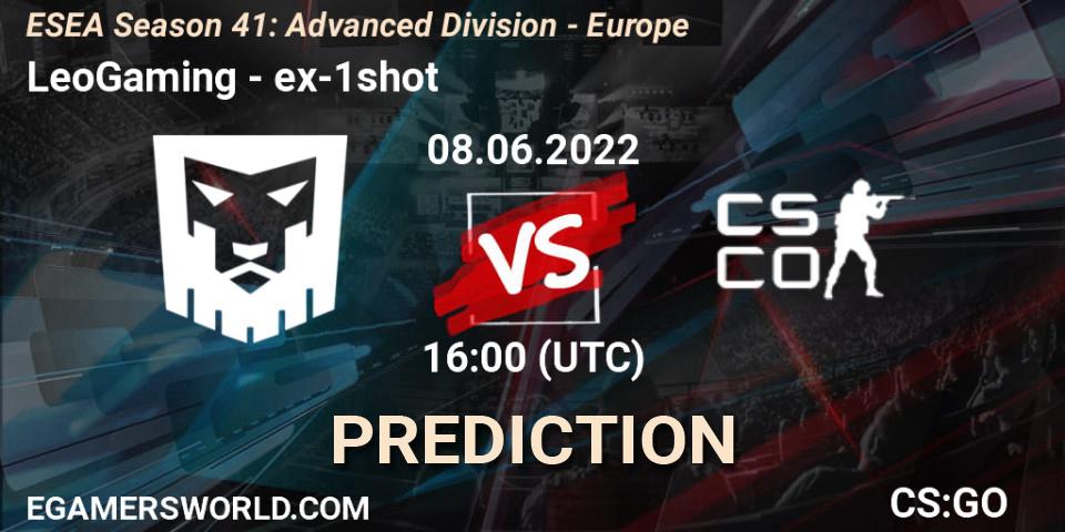 LeoGaming vs ex-1shot: Betting TIp, Match Prediction. 08.06.2022 at 16:00. Counter-Strike (CS2), ESEA Season 41: Advanced Division - Europe