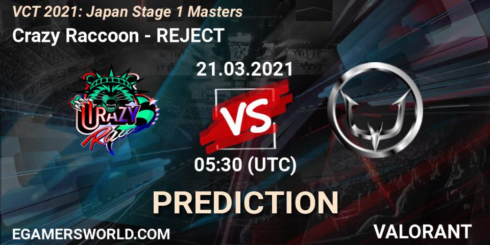 Crazy Raccoon vs REJECT: Betting TIp, Match Prediction. 21.03.2021 at 05:30. VALORANT, VCT 2021: Japan Stage 1 Masters