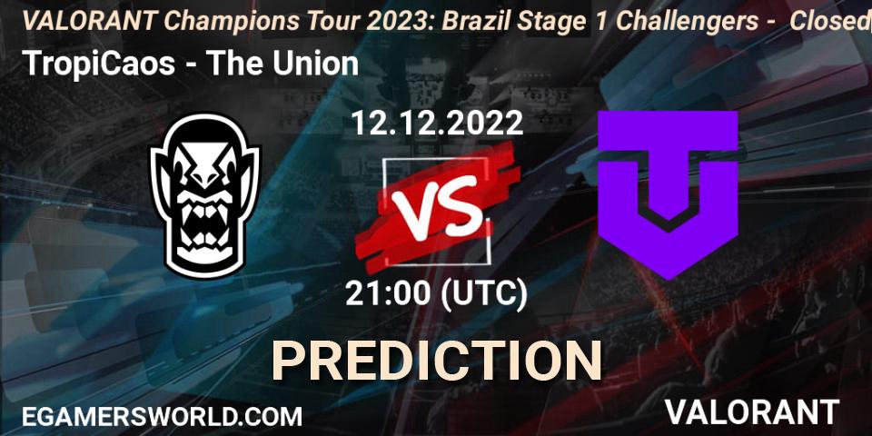 TropiCaos vs The Union: Betting TIp, Match Prediction. 12.12.2022 at 21:00. VALORANT, VALORANT Champions Tour 2023: Brazil Stage 1 Challengers - Closed Qualifier
