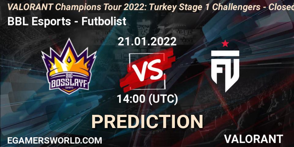 BBL Esports vs Futbolist: Betting TIp, Match Prediction. 21.01.2022 at 14:45. VALORANT, VCT 2022: Turkey Stage 1 Challengers - Closed Qualifier 2