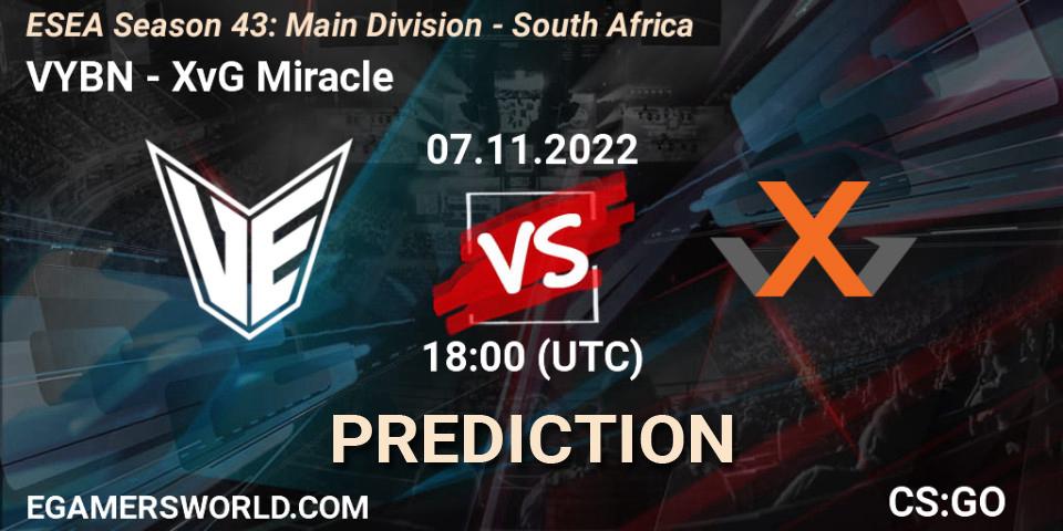 VYBN vs XvG Miracle: Betting TIp, Match Prediction. 07.11.2022 at 18:00. Counter-Strike (CS2), ESEA Season 43: Main Division - South Africa