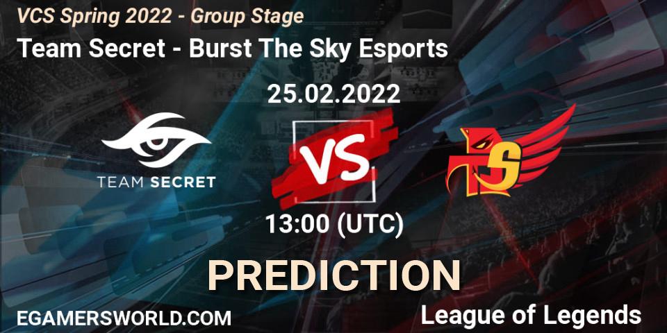 Team Secret vs Burst The Sky Esports: Betting TIp, Match Prediction. 25.02.2022 at 13:00. LoL, VCS Spring 2022 - Group Stage 