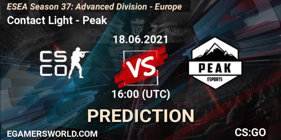 Contact Light vs Peak: Betting TIp, Match Prediction. 18.06.2021 at 16:00. Counter-Strike (CS2), ESEA Season 37: Advanced Division - Europe