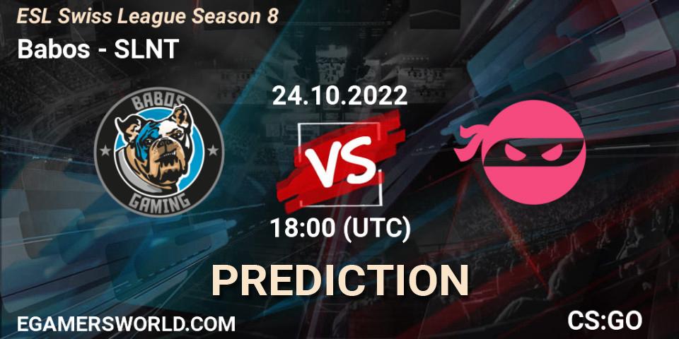 Babos vs SLNT: Betting TIp, Match Prediction. 24.10.2022 at 18:00. Counter-Strike (CS2), ESL Swiss League Season 8