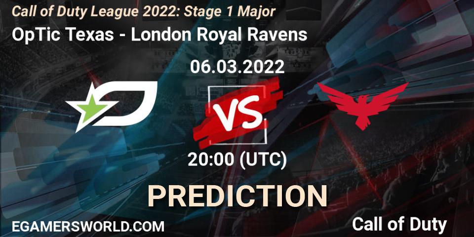 OpTic Texas vs London Royal Ravens: Betting TIp, Match Prediction. 06.03.2022 at 20:00. Call of Duty, Call of Duty League 2022: Stage 1 Major