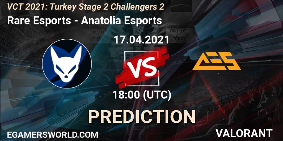 Rare Esports vs Anatolia Esports: Betting TIp, Match Prediction. 17.04.2021 at 18:00. VALORANT, VCT 2021: Turkey Stage 2 Challengers 2