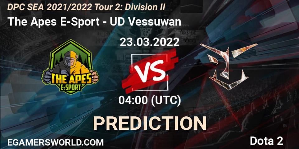 The Apes E-Sport vs UD Vessuwan: Betting TIp, Match Prediction. 23.03.2022 at 04:00. Dota 2, DPC 2021/2022 Tour 2: SEA Division II (Lower)