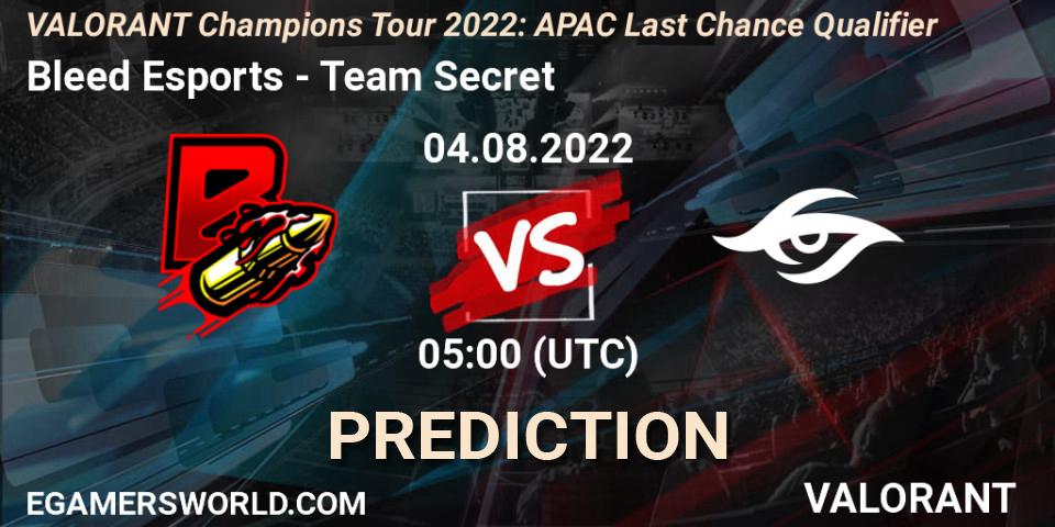 Bleed Esports vs Team Secret: Betting TIp, Match Prediction. 04.08.2022 at 05:00. VALORANT, VCT 2022: APAC Last Chance Qualifier