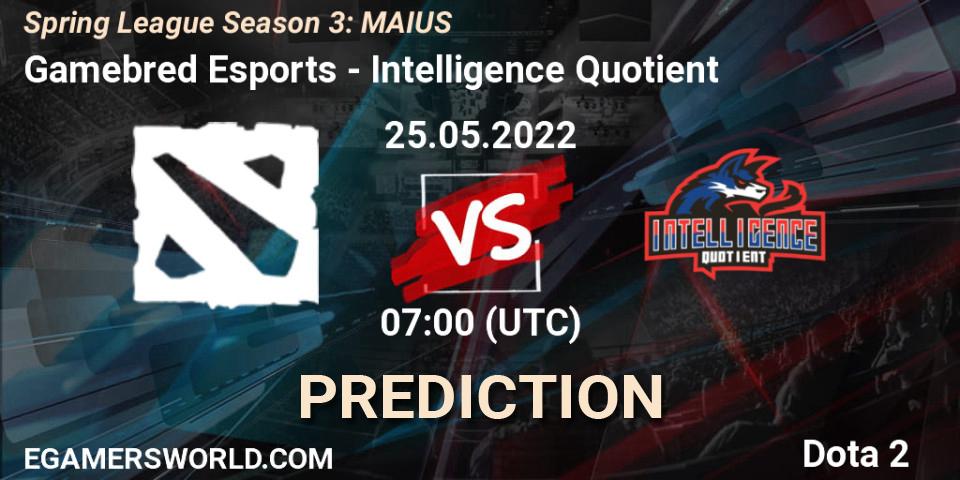 Gamebred Esports vs Intelligence Quotient: Betting TIp, Match Prediction. 25.05.2022 at 07:07. Dota 2, Spring League Season 3: MAIUS