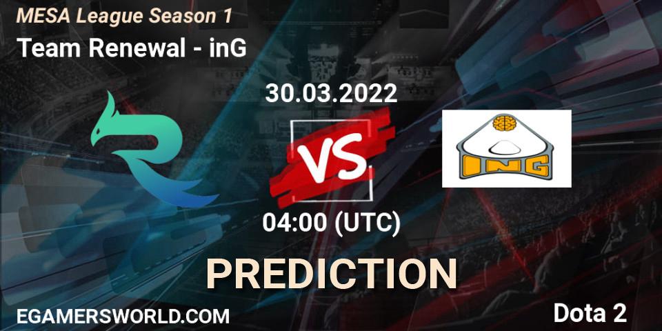 Team Renewal vs inG: Betting TIp, Match Prediction. 01.04.2022 at 04:57. Dota 2, MESA League Season 1