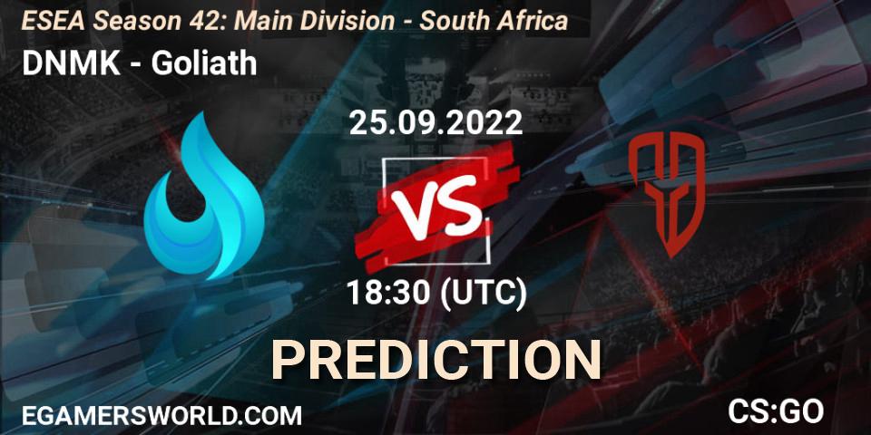 DNMK vs Goliath: Betting TIp, Match Prediction. 26.09.2022 at 18:30. Counter-Strike (CS2), ESEA Season 42: Main Division - South Africa