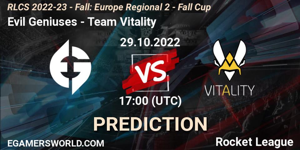 Evil Geniuses vs Team Vitality: Betting TIp, Match Prediction. 29.10.2022 at 16:55. Rocket League, RLCS 2022-23 - Fall: Europe Regional 2 - Fall Cup