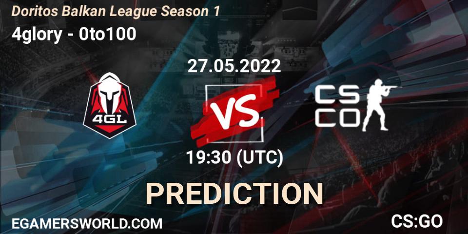 4glory vs 0to100: Betting TIp, Match Prediction. 27.05.2022 at 20:00. Counter-Strike (CS2), Doritos Balkan League Season 1