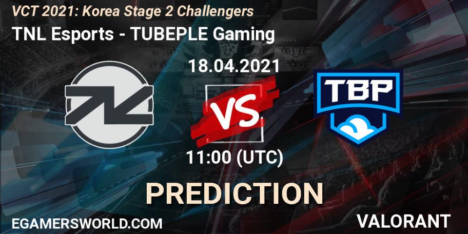 TNL Esports vs TUBEPLE Gaming: Betting TIp, Match Prediction. 18.04.2021 at 11:00. VALORANT, VCT 2021: Korea Stage 2 Challengers