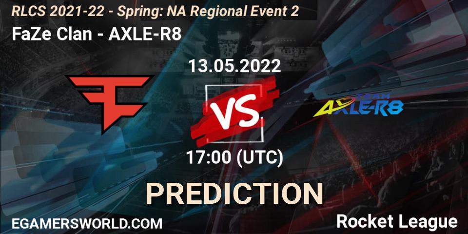 FaZe Clan vs AXLE-R8: Betting TIp, Match Prediction. 13.05.2022 at 17:00. Rocket League, RLCS 2021-22 - Spring: NA Regional Event 2