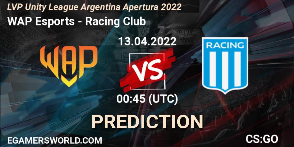 WAP Esports vs Racing Club: Betting TIp, Match Prediction. 13.04.2022 at 00:45. Counter-Strike (CS2), LVP Unity League Argentina Apertura 2022